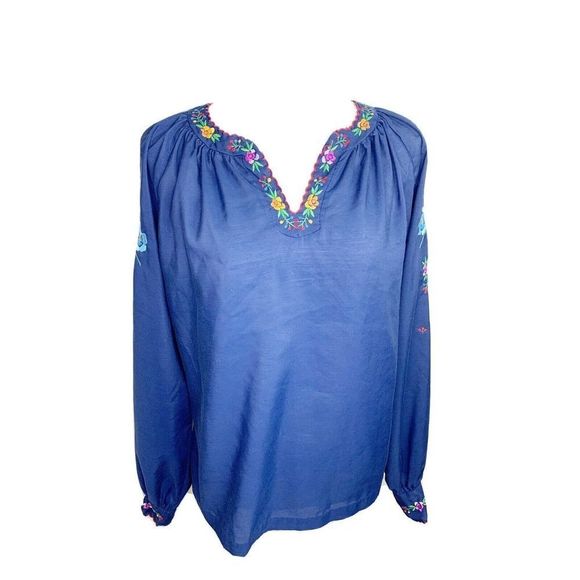 Lily Tops - Vtg Hand Embroidered Floral Peasant Top  Rich Blue